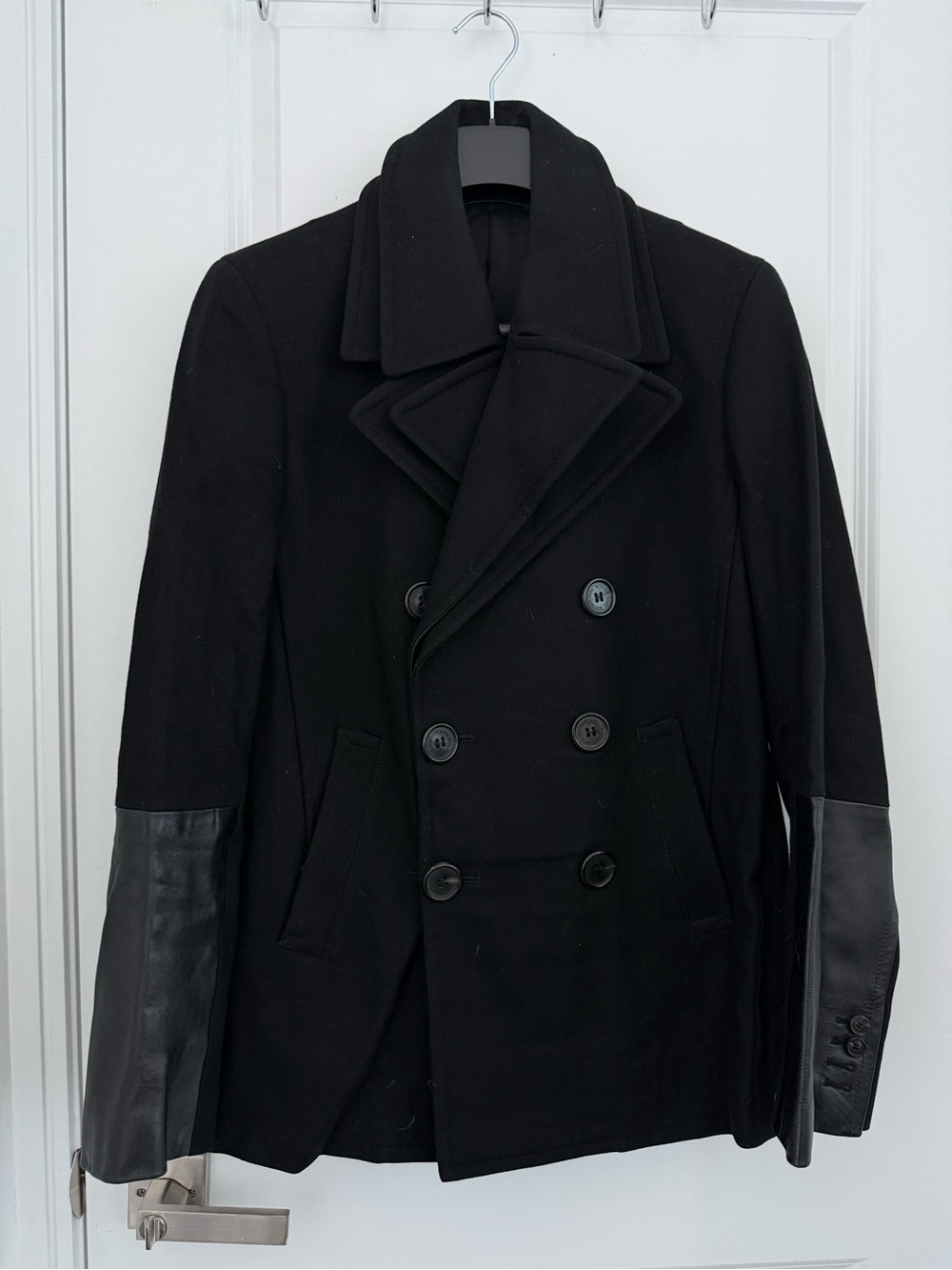 Neil Barrett - Men's Black Double-Breasted Wool Coat with Leather Sleeve Detail